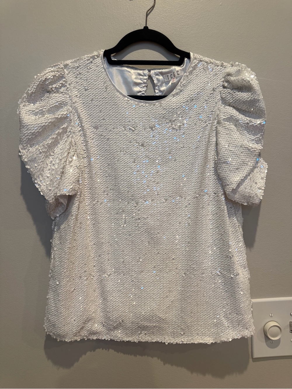 TCEC Off-White Statement Puff Sleeve Iridescent Sequin Blouse Sequin Blouse